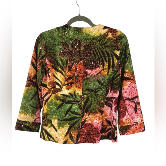 Chico’s Abstract Leaf Floral Lined Cropped Jacket Sequins Multicolor - Picture 2 of 9
